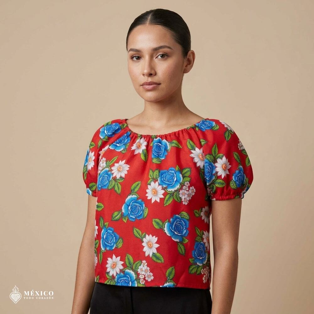 Traditional Mexican Floral Blouse – Lightweight Polyester Folk Style Top